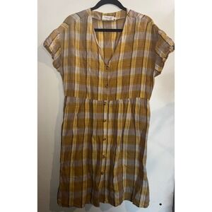 Indi & Cold San Sebastian Yellow Plaid Linen Blend Button Front Dress Womens L